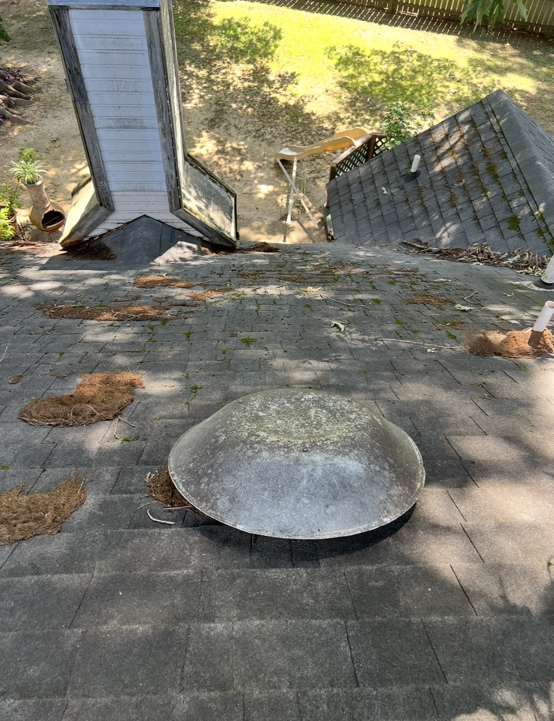Aging shingle roof with debris buildup and moss around a turbine vent and chimney